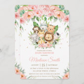 . . .かわいいジャングル動物のサファリピンクのフローラベビーシャワー 招待状 (正面/裏面)