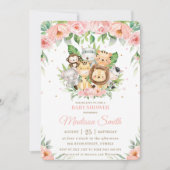 . . .かわいいジャングル動物のサファリピンクのフローラベビーシャワー 招待状 (正面)