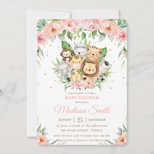 . . .かわいいジャングル動物のサファリピンクのフローラベビーシャワー 招待状 (正面)