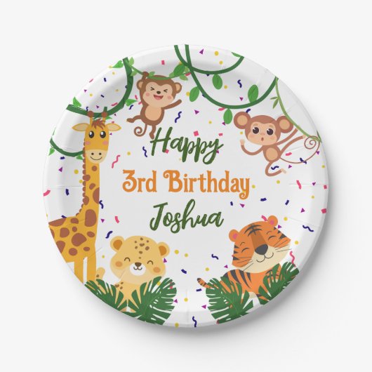 かわいいジャングル動物のパーティーハッピーバースデー ペーパープレート (正面)