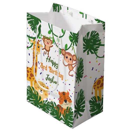 かわいいジャングル動物のパーティーパーソナライズされた名 ミディアムペーパーバッグ (正面アングル)
