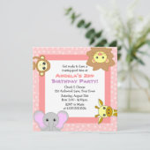 かわいいジャングル動物のピンクの子供の誕生日の招待状 招待状 (スタンド正面)