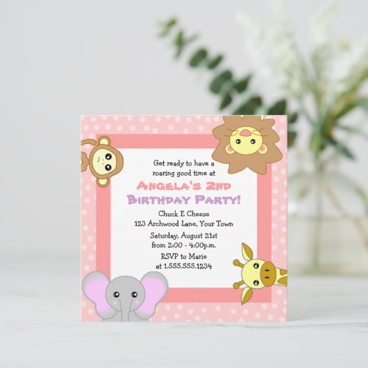 かわいいジャングル動物のピンクの子供の誕生日の招待状 招待状 (スタンド正面)