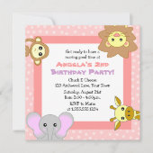 かわいいジャングル動物のピンクの子供の誕生日の招待状 招待状 (正面)
