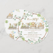 かわいいジャングル動物の列車グリーンベイビーシャワー 招待状 (正面/裏面)