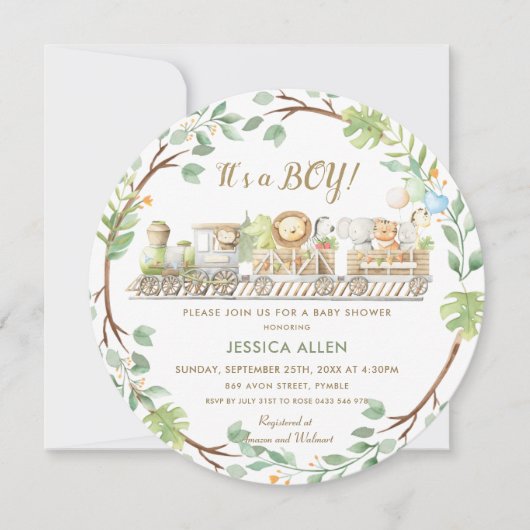 かわいいジャングル動物の列車グリーンベイビーシャワー 招待状 (正面)