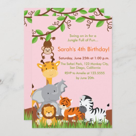 かわいいジャングル動物の女の子の誕生日パーティーの招待 招待状 (正面/裏面)