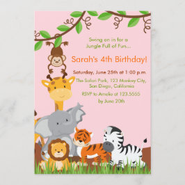 かわいいジャングル動物の女の子の誕生日パーティーの招待 招待状