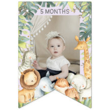 かわいいジャングル動物の女の子1歳の誕生日写真バナー