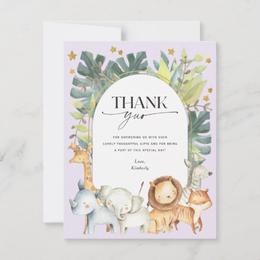 かわいいジャングル動物の森の紫色の赤ちゃんシャワー サンキューカード (正面)