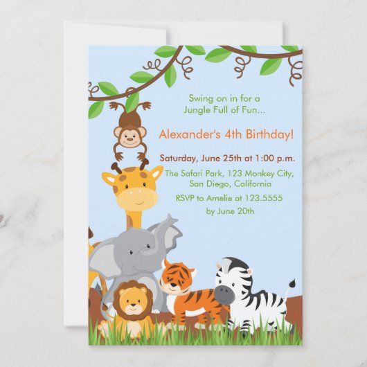 かわいいジャングル動物の男の子の誕生日パーティーの招待 招待状 (正面)