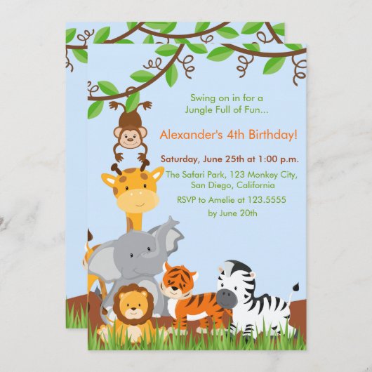 かわいいジャングル動物の男の子の誕生日パーティーの招待 招待状 (正面/裏面)