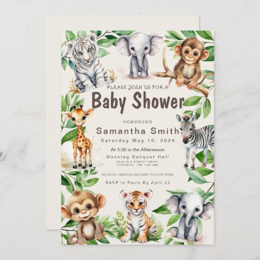 かわいいジャングル動物の緑のベビーショバー 招待状 (正面/裏面)