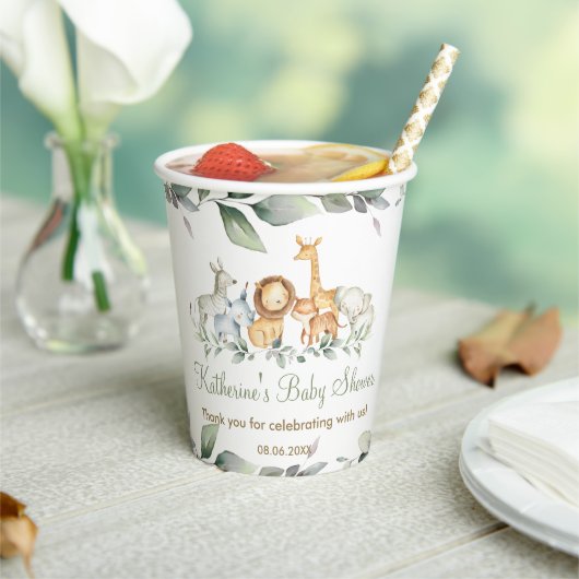 かわいいジャングル動物の緑の中性ベビーシャワー 紙コップ (インサイチュ)