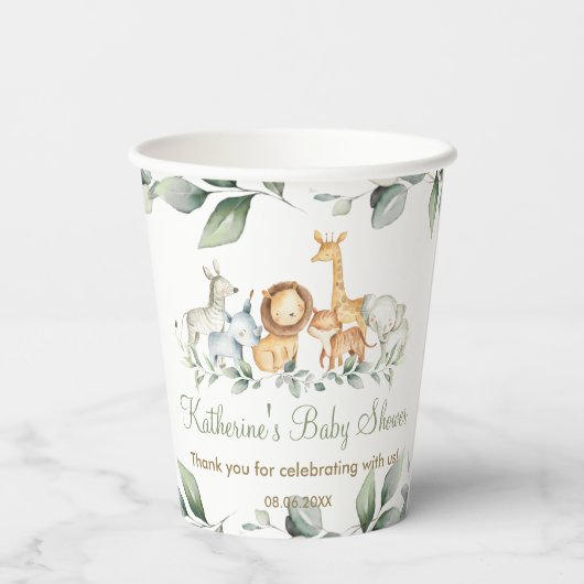 かわいいジャングル動物の緑の中性ベビーシャワー 紙コップ (裏面)