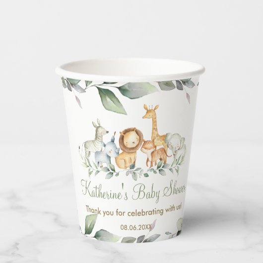 かわいいジャングル動物の緑の中性ベビーシャワー 紙コップ (正面)