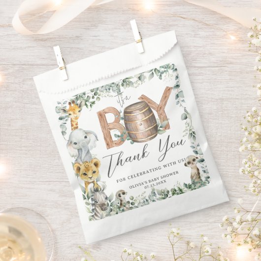 かわいいジャングル動物の緑の男の子の赤ちゃんシャワー フェイバーバッグ (クリップ留めされた状態)