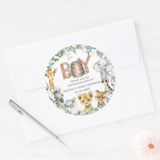 かわいいジャングル動物の緑の男の子の赤ちゃんシャワー ラウンドシール (封筒)
