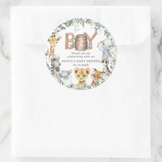 かわいいジャングル動物の緑の男の子の赤ちゃんシャワー ラウンドシール (バッグ)