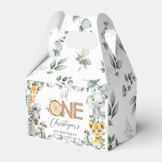 かわいいジャングル動物の緑の男の子ガール1歳の誕生日 フェイバーボックス (正面サイド)