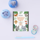 かわいいジャングル動物の誕生日パーティーの招待状 チラシ (シングル)