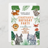 かわいいジャングル動物の誕生日パーティーの招待状 招待状 (正面/裏面)