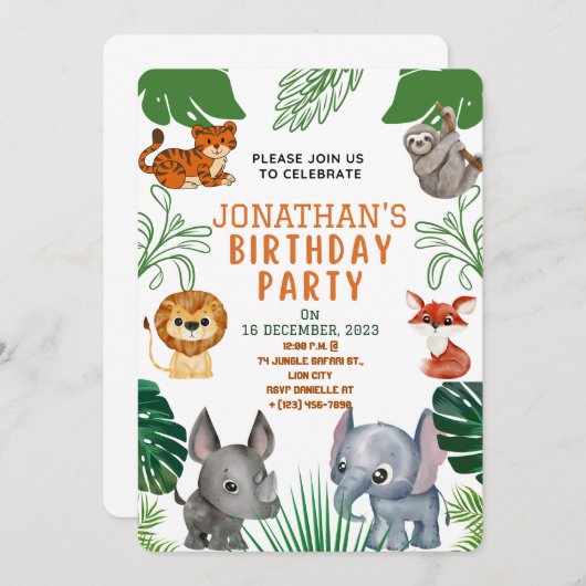 かわいいジャングル動物の誕生日パーティーの招待状 招待状 (正面/裏面)