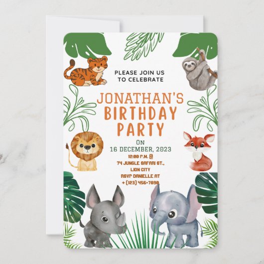 かわいいジャングル動物の誕生日パーティーの招待状 招待状 (正面)