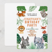 かわいいジャングル動物の誕生日パーティー招待状 招待状 (正面/裏面)