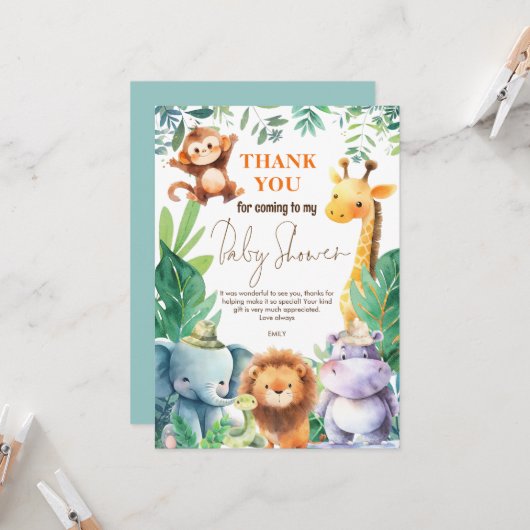 かわいいジャングル動物の赤ちゃんシャワーありがとう カード (正面/裏面インサイチュ)