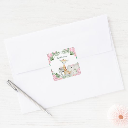 かわいいジャングル動物の赤ちゃん女の子シャワーの好意 スクエアシール (封筒)