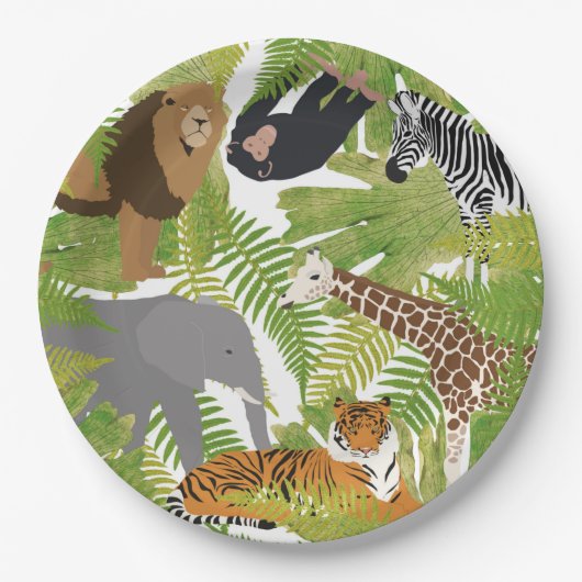 かわいいジャングル動物サファリボーイ |女の子 ペーパープレート (正面)