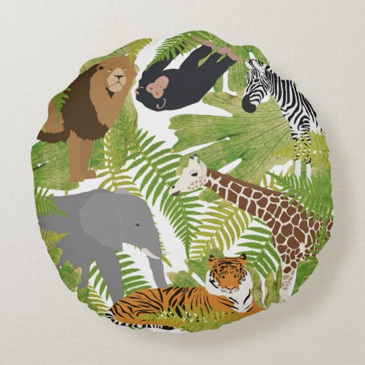 かわいいジャングル動物サファリボーイ |女の子 ラウンドクッション (裏面)