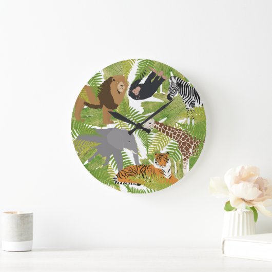 かわいいジャングル動物サファリボーイ |女の子 ラージ壁時計 (ホーム)
