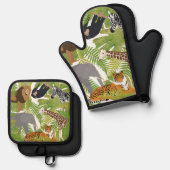 かわいいジャングル動物サファリボーイ |女の子 鍋つかみ&鍋敷きセット (正面/裏面)