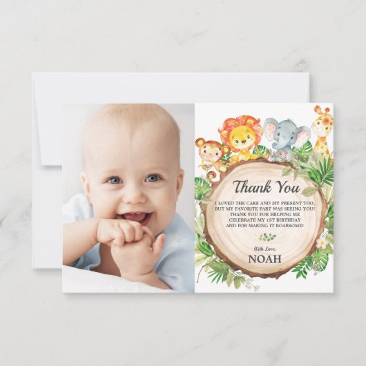 かわいいジャングル動物サファリ誕生日パーティーの写真 サンキューカード (正面)