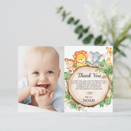 かわいいジャングル動物サファリ誕生日パーティーの写真 サンキューカード (スタンド正面)