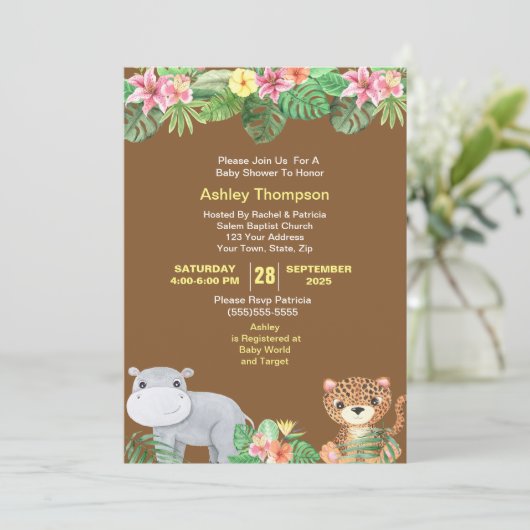 かわいいジャングル動物トロピカルフラワーベビーシャワー 招待状 (スタンド正面)