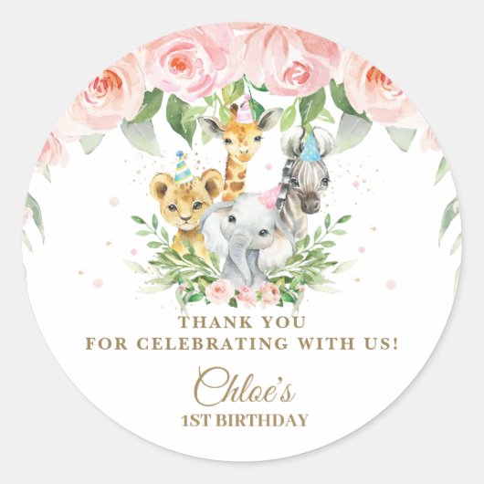 かわいいジャングル動物ピンクフローラありがとうございました ラウンドシール (正面)