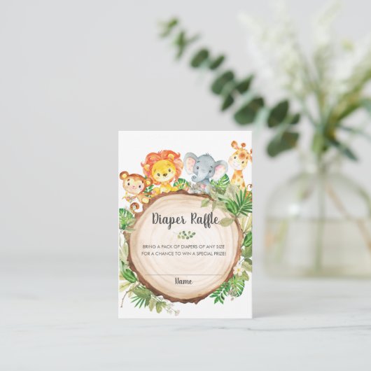 かわいいジャングル動物ベビーシャワーおむつラッフル エンクロージャーカード (スタンド正面)