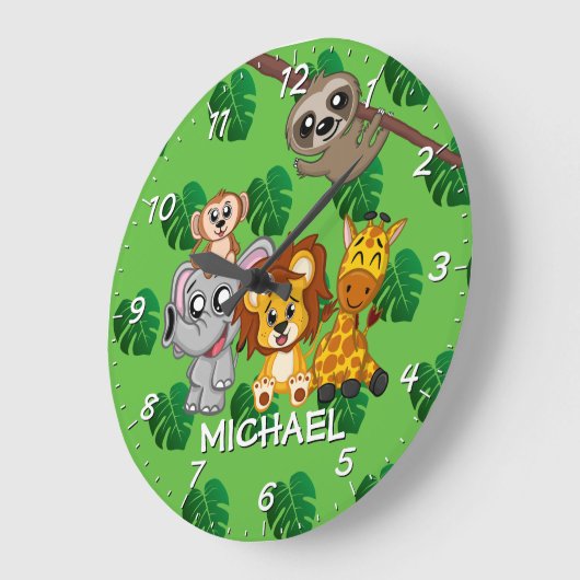 かわいいジャングル動物レインフォレストグリーン名マンガ ラージ壁時計 (傾斜)