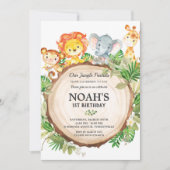 かわいいジャングル動物1stバースデーグリーンリーサファリ 招待状 (正面)