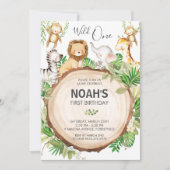 かわいいジャングル動物1st誕生日ワイルドワン緑 招待状 (正面)
