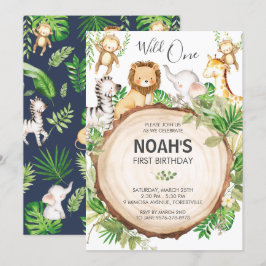 かわいいジャングル動物1st誕生日ワイルドワン緑 招待状