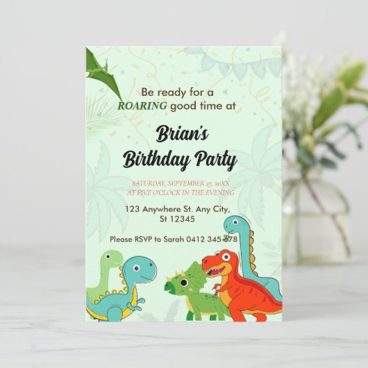 かわいいジャングル恐竜の男の子の誕生日 招待状 (スタンド正面)