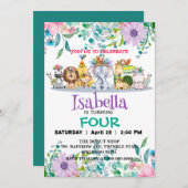 かわいいジャングル族動物誕生日の花子供へ 招待状 (正面/裏面)