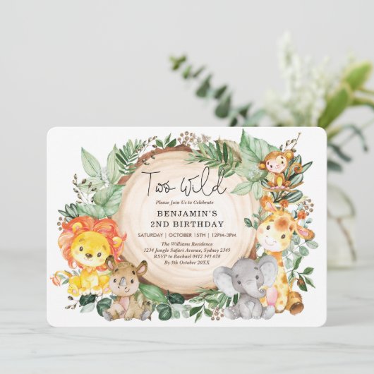 かわいいジャングル緑の野生動物2歳の誕生日 招待状 (スタンド正面)