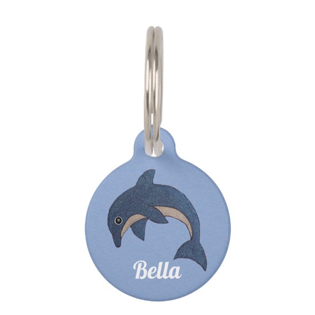 かわいいジャンピンググリッタードルフィン ダークブルーとホワイト ペット　ネームタグ (正面)