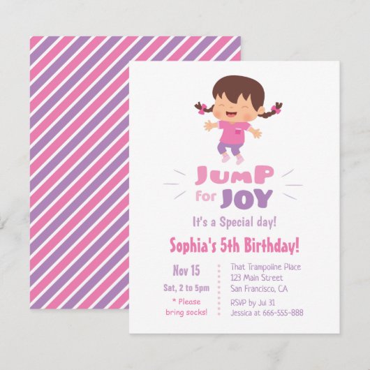 かわいいジャンプで喜びの女の子の誕生日パーティー 招待状 (正面/裏面)