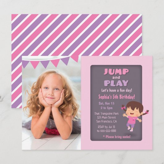 かわいいジャンプガール トランポリンの写真 誕生日パーティー 招待状 (正面/裏面)